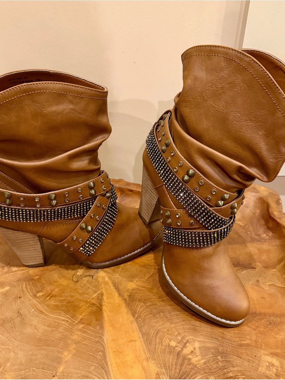 Not Rated Cowgirl Slouch Rodeo Crystal Studded Heel Boots Booties vegan Leather